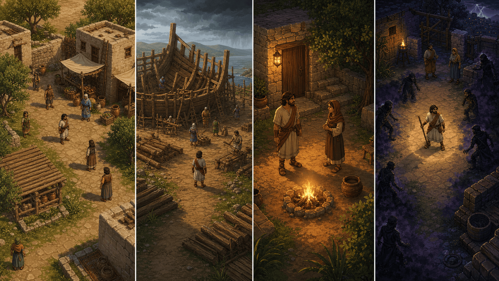 The Journey gameplay preview showing exploration, conversation, work, danger, and dramatic story moments